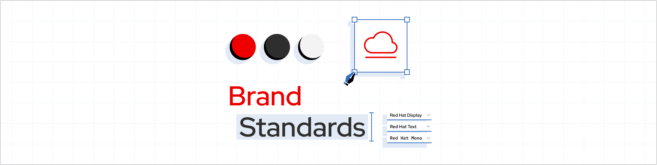 the words 'brand standards' framed by elements and shapes in Red Hat colors