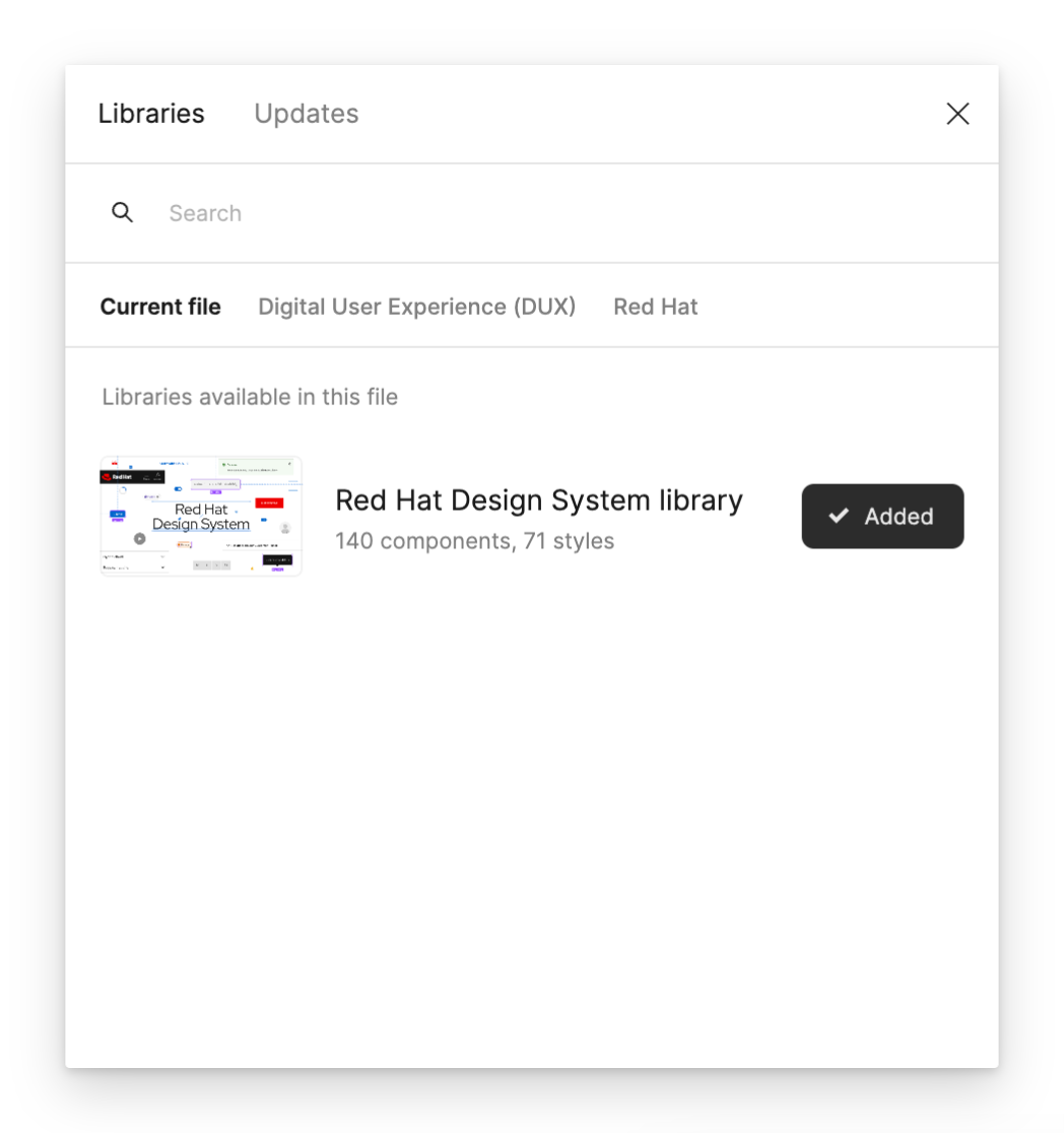 Figma's Libraries modal showing the Red Hat Design System library is added