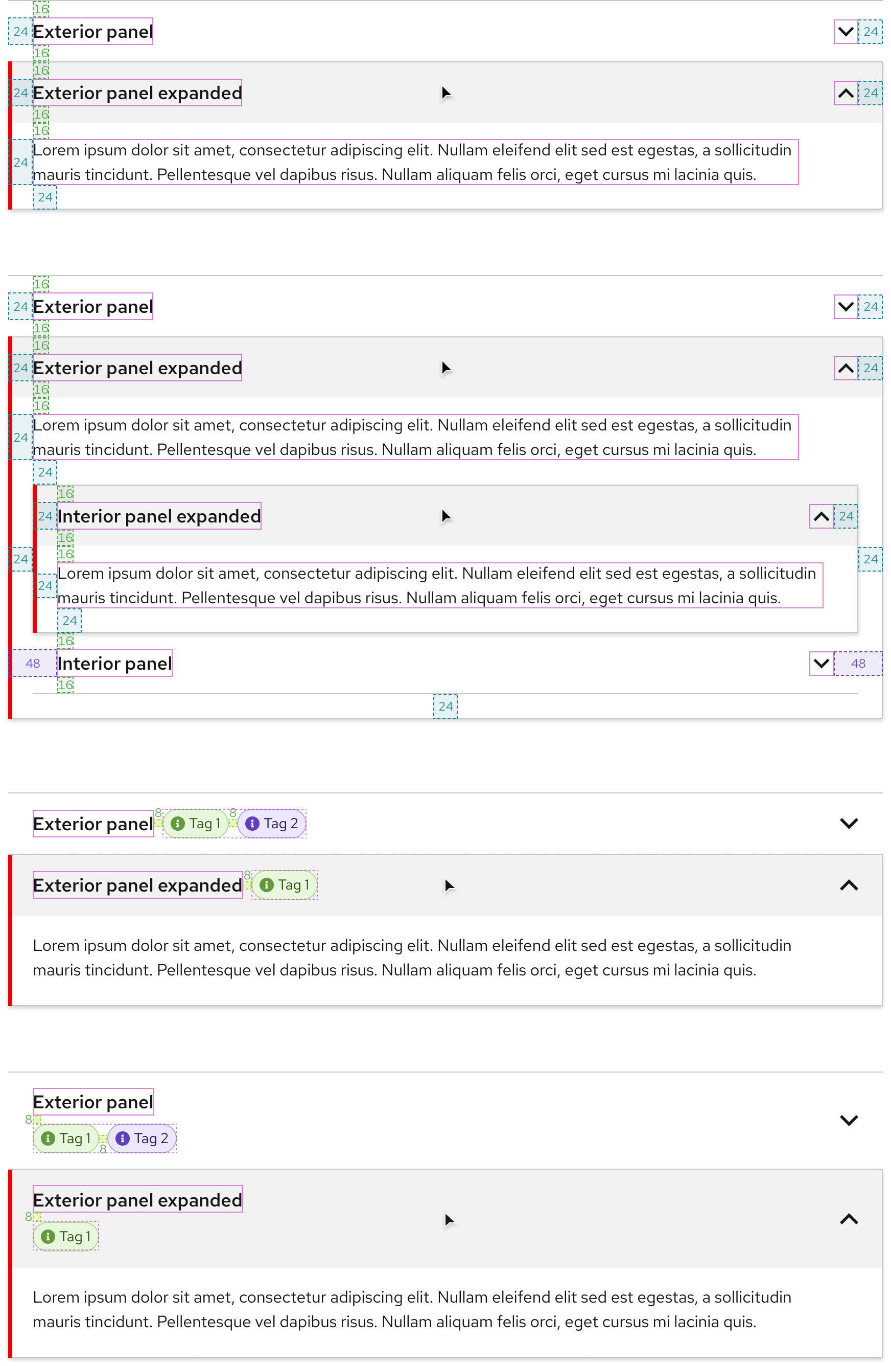 Accordion spacing within panels and in between elements like titles, body text, rules, and icons