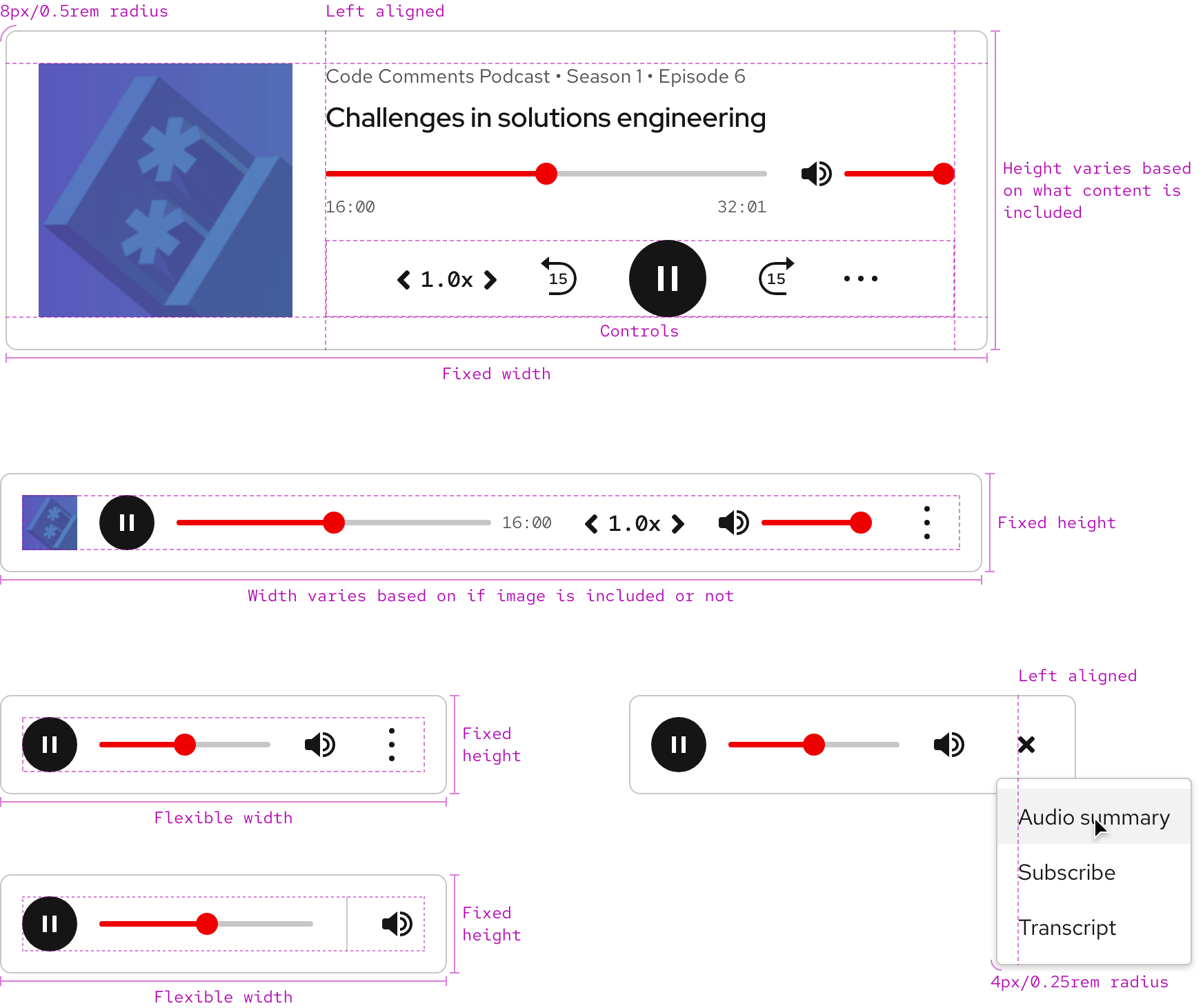 Image of all audio players showing various specs like alignment, border radius, height, width, and more