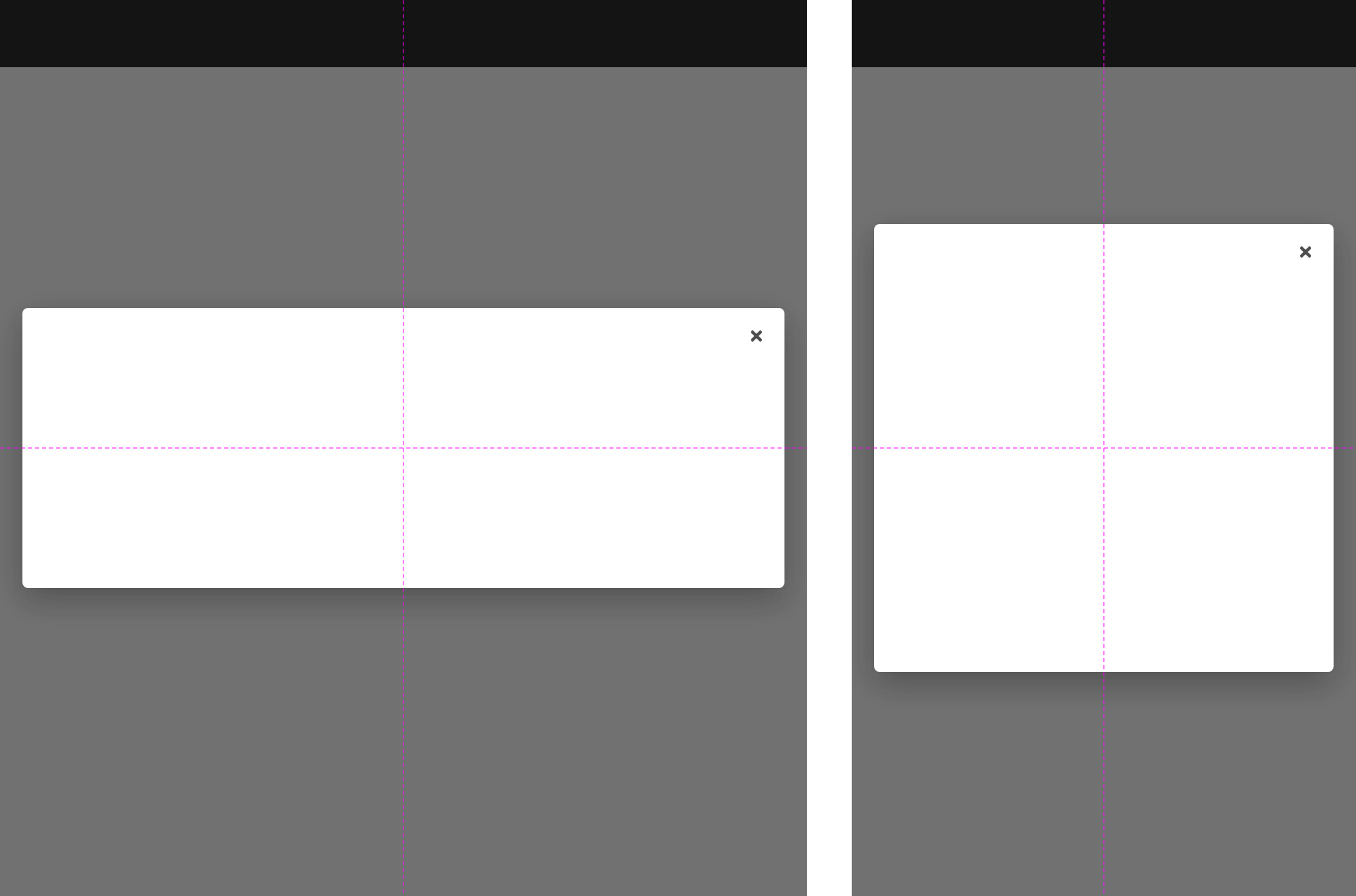 Two dialog containers on small breakpoints, one tablet size and one mobile size