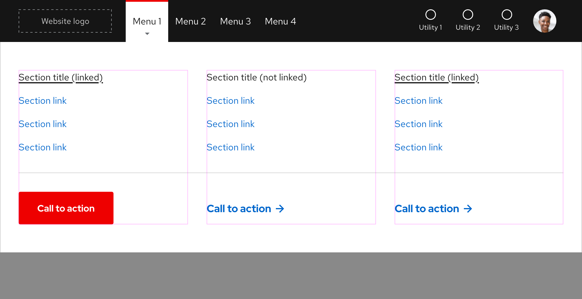 Primary navigation - full-width expandable tray (three columns)