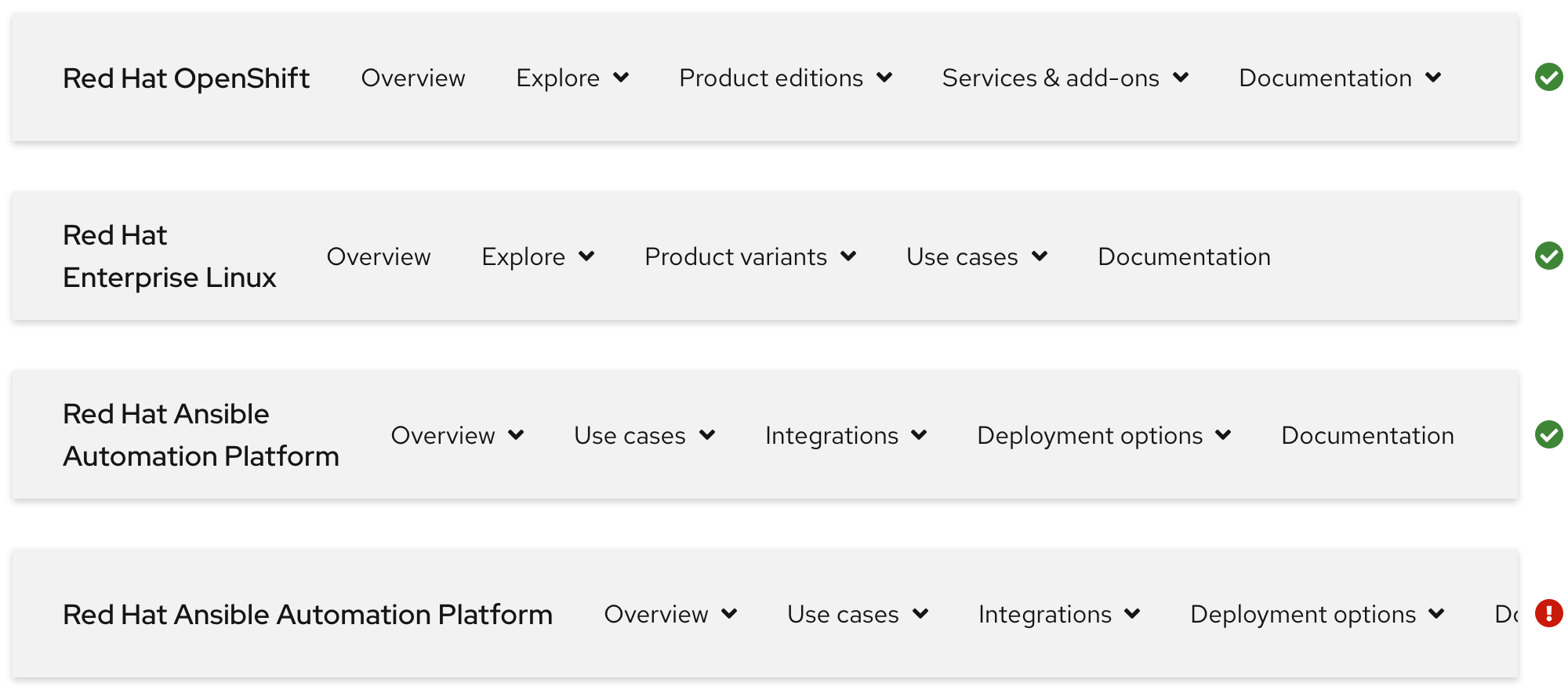 Image of four secondary navigations showing how stacked product name text offers more space