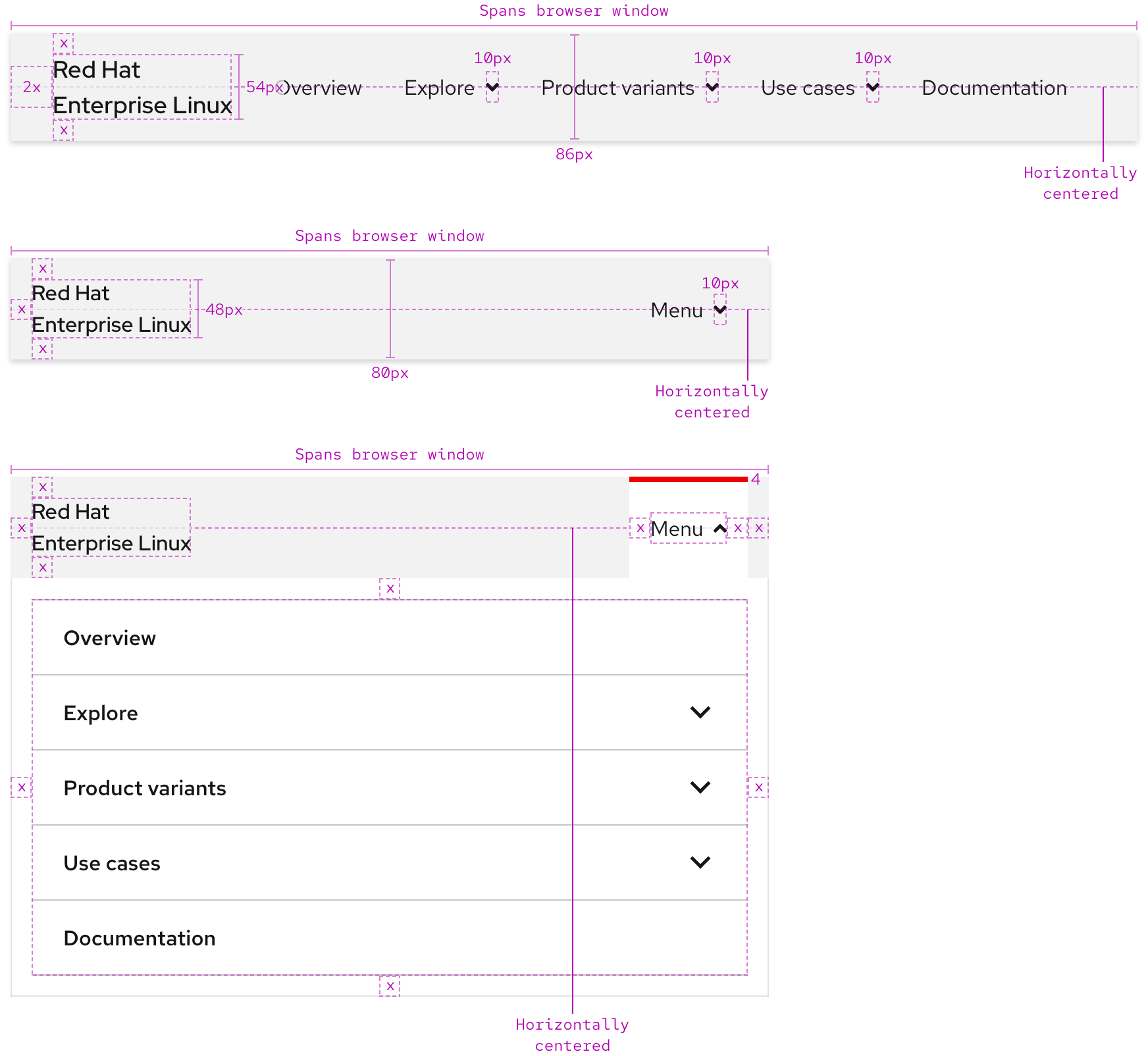 Image of a secondary navigation construction; several examples showing details like spacing, alignment, height, width, and more