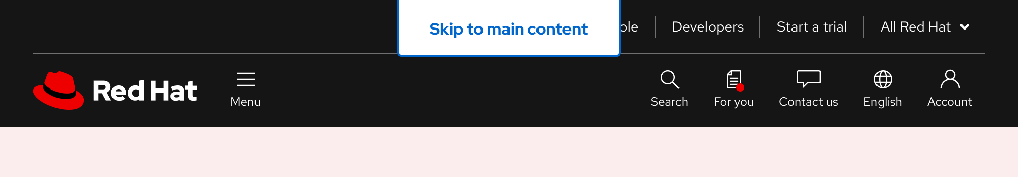 A skip link element at the top overlays the navigation header of redhat.com