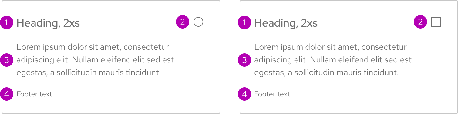 Selectable tiles with numbers pointing to locations of text, a checkbox or radio button, and a footer