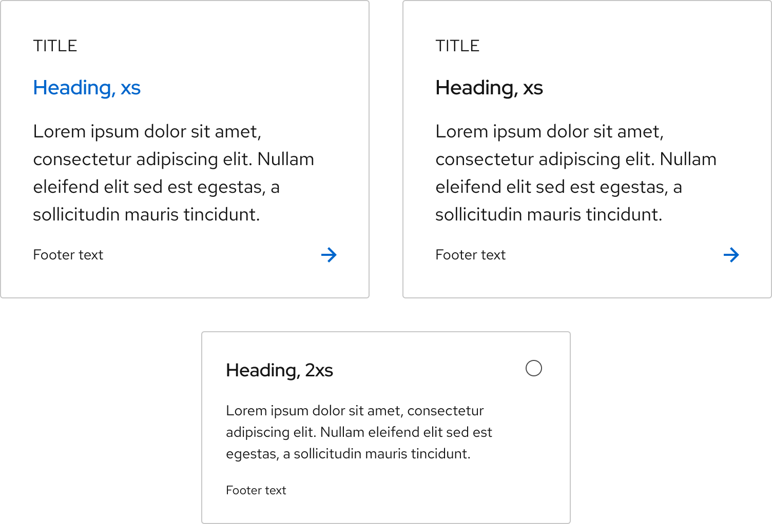 Examples of a light theme link tile with a blue heading, link tile with a black heading, and selectable tile with a black heading